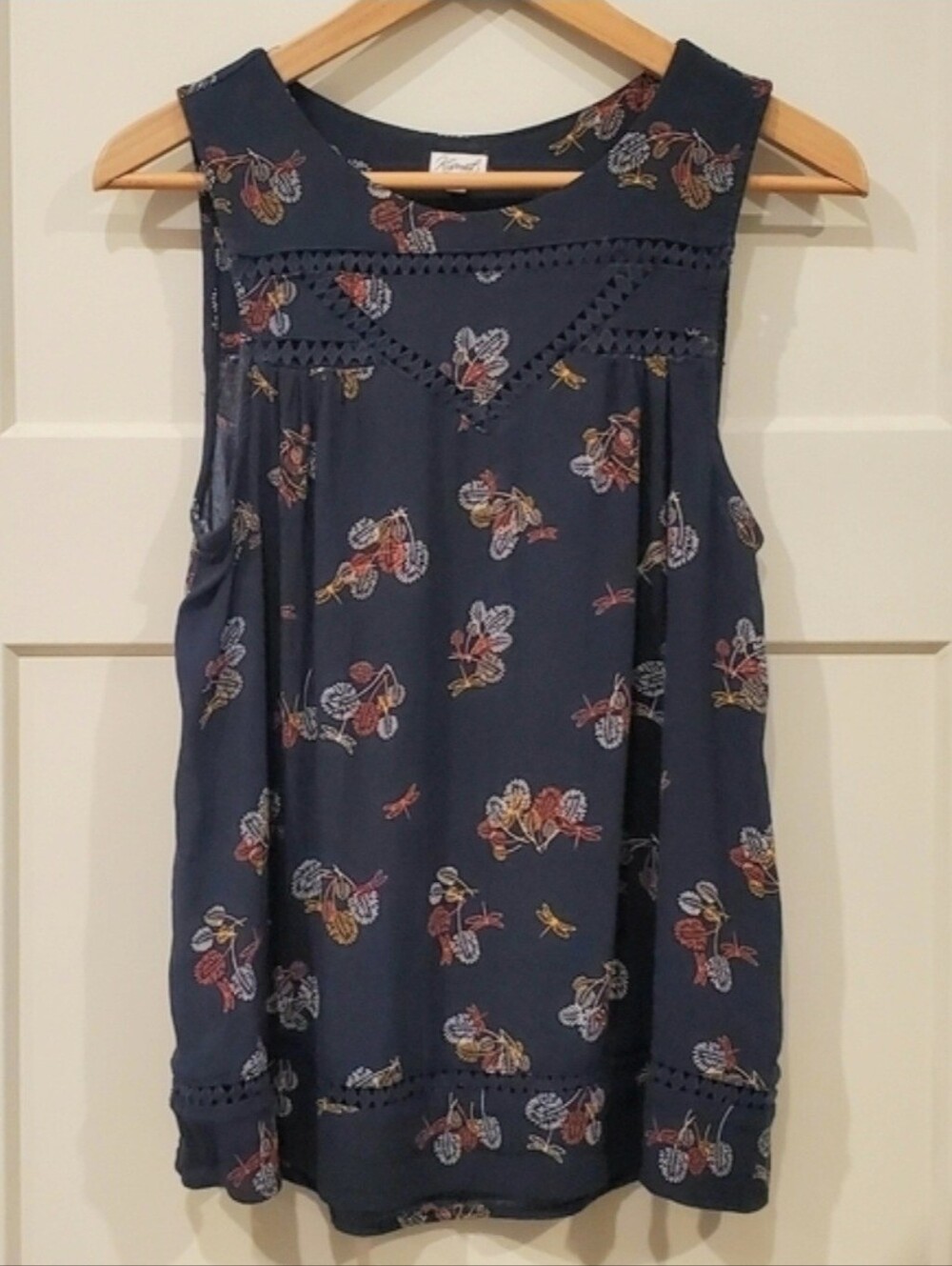 Kismet Navy Blue Floral Dragonfly Sleeveless Top